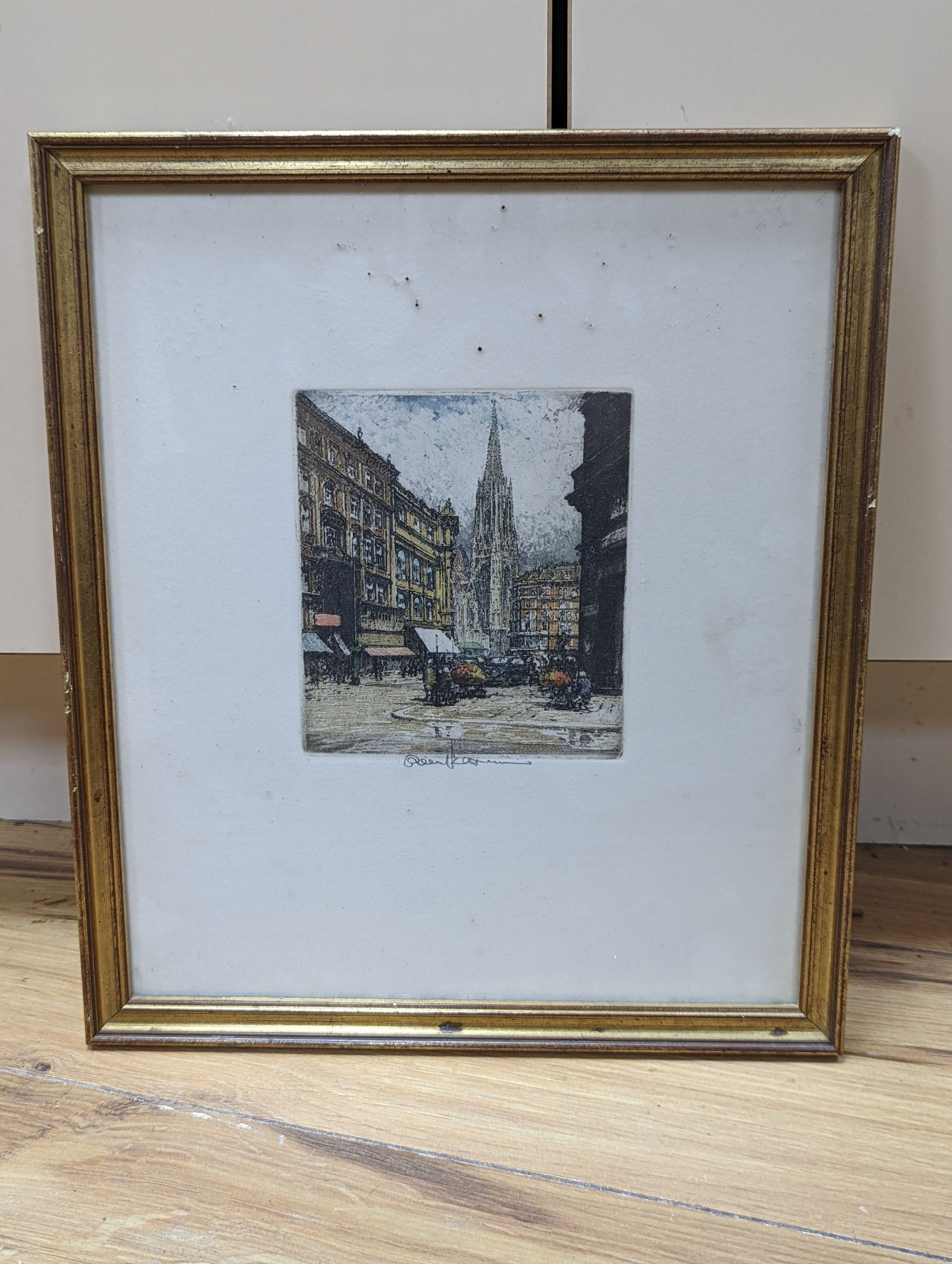 Luigi Kasimir, coloured etching, Viennese street scene, signed in pencil, 12 x 11cm